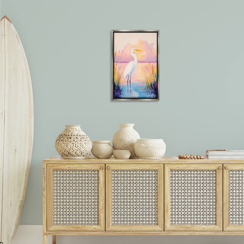 Stupell Egret under Beaming Sunset Framed Floater Canvas Wall Art Design By Arlington Prints