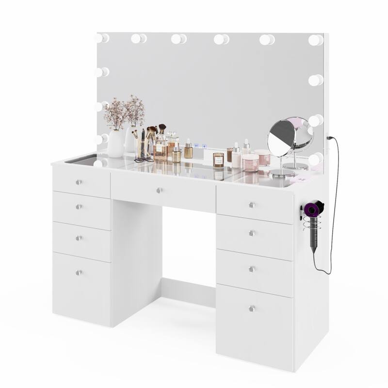 Makeup Vanity Desk w/ Bluetooth Speakers 9 Drawers Glam Glass Top Lighted Crystal Knobs Hairdryer Holder USB Ports