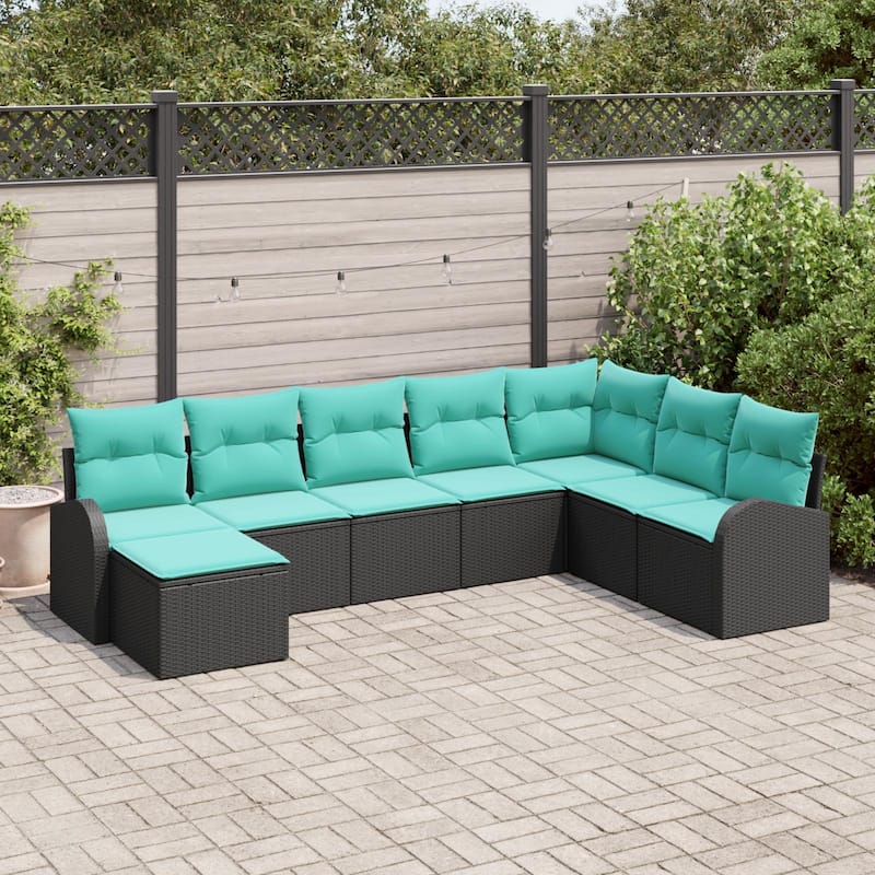 vidaXL 9 Garden Sofa Set with Cushions Black Poly Rattan - 113.8 x 70.5 x 27.2 - Black without table