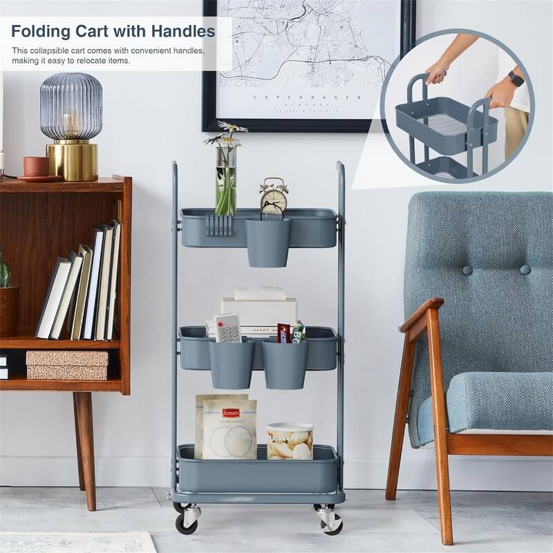 3 Tier Foldable Rolling Cart - 15"D x 17.2"W x 36.6"H