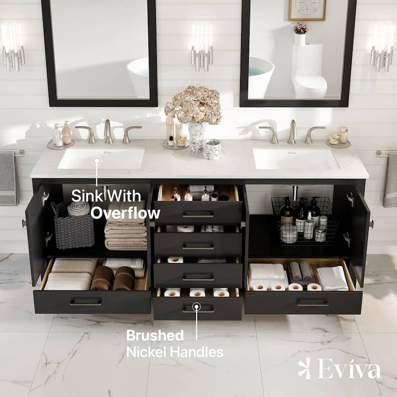 Eviva Aberdeen 78"W Espresso DS Bath Vanity with White Carrara Quartz Top