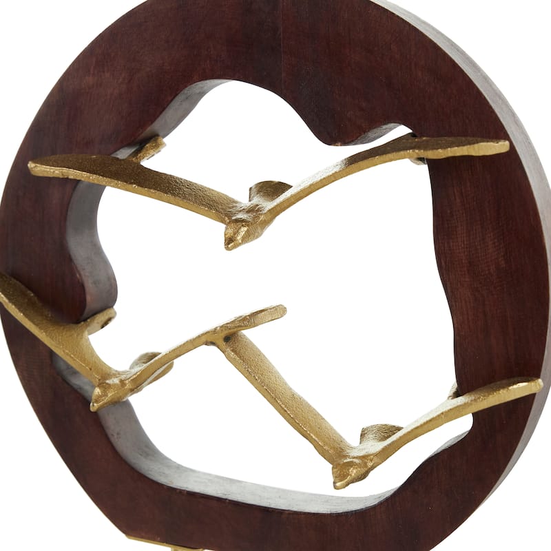 Gold Aluminum Metal Bird Sculpture with Brown Wooden Frame and Marble Base