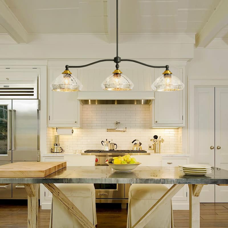 3-Light 39" W Industrial Black Linear Island Lights with Antique Brass Color Dome Glass Shade for Kitchen, Dining Room