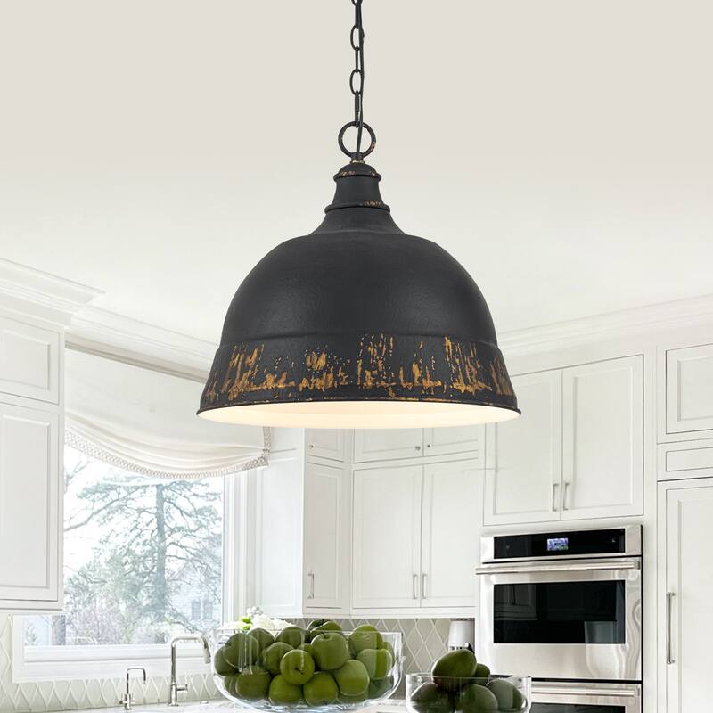 2-Light Farmhouse Pendant Light with Distressed Gold Dome Shade - 2-Lights - Black Distressed Gold