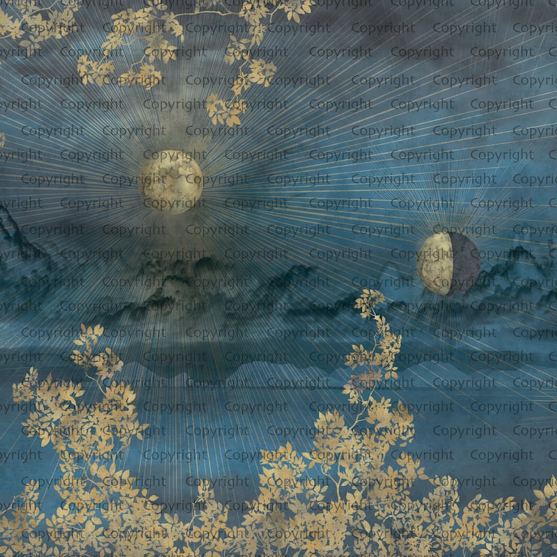 Celestial Night Sky Wallpaper Mural Golden Foliage Moon - Blue - W:225" x H:118"