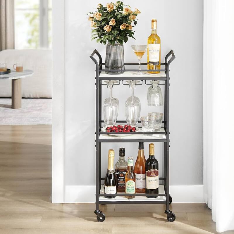 Mini Bar Cart with 3-Tier Shelf, Wine Holders, Glass Holders