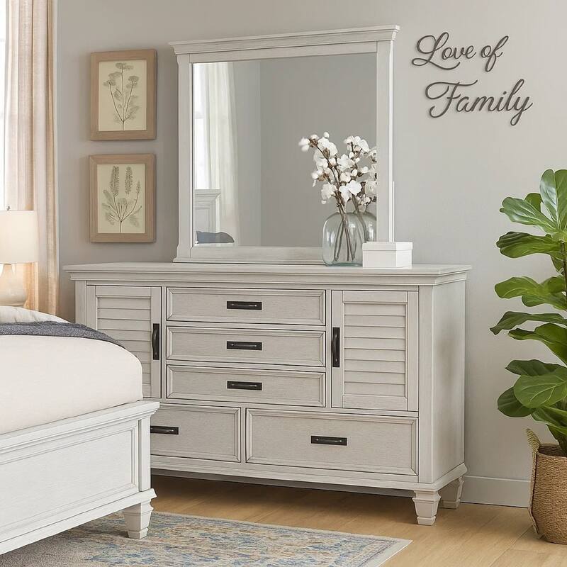 Eli Wide Dresser with Mirror, 5 Drawers 2 Cabinets, Distressed White