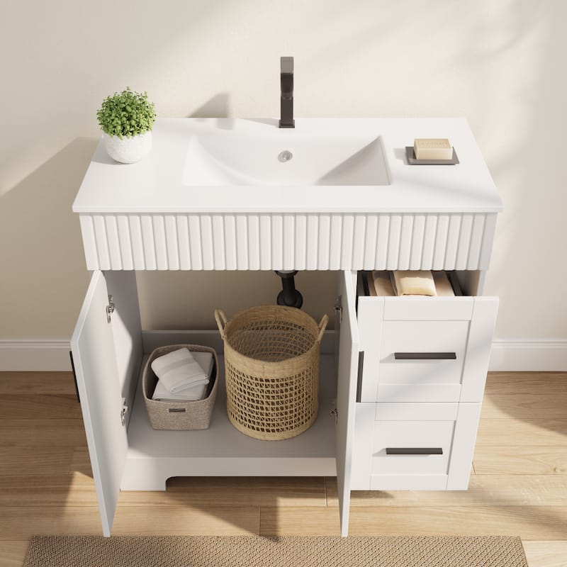 EROMMY Bathroom Vanity with Sink and Faucet, Freestanding Vanity Cabinet with Drawers & Doors, White Ceramic Top