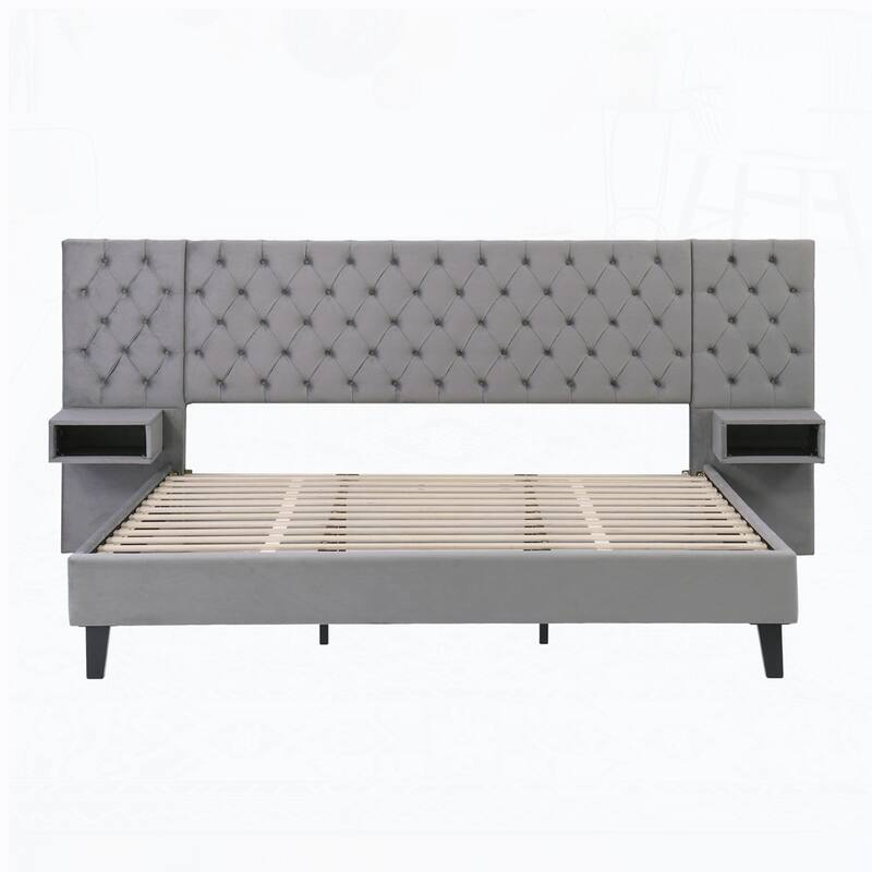 Velvet Upholstered Platform Bed with 2 Nightstands and diamond tufted