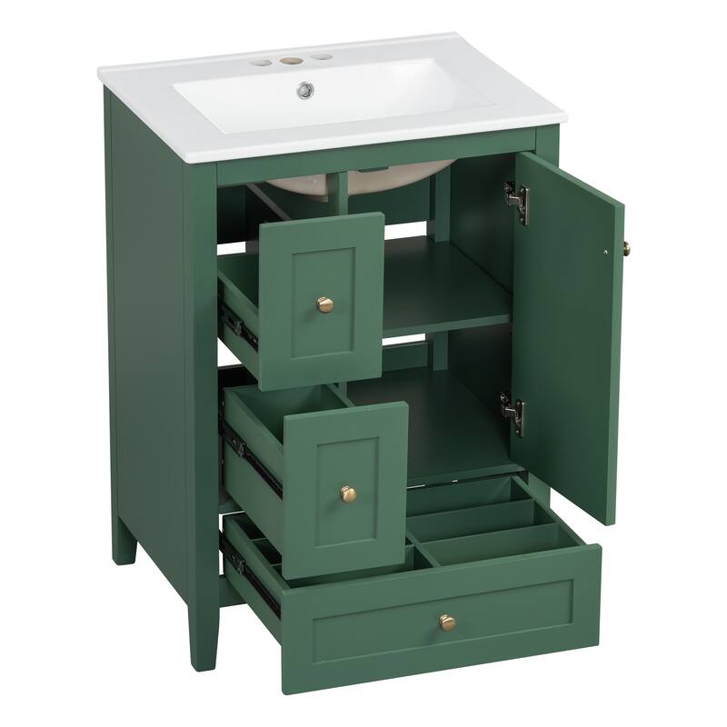 Roomfitters 24" Bathroom Vanity with Sink, Solid Wood Legs, 3 Drawers with Removable Dividers & Adjustable Shelf