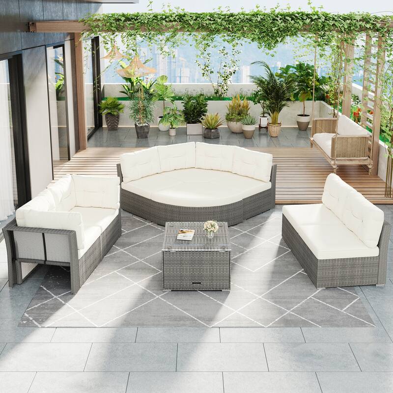 Roomfitters Outdoor Rattan Sectional Daybed Furniture Set with Cushions & Center Table for Patio
