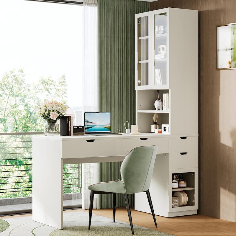 Computer Desk, Home Office Desk with 2 Drawer and Bookshelf, L Shaped Gaming Desk with Mirror and Charging Station - White