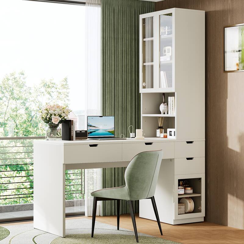 Vanity Desk with Mirror & Charging Station, Dressing Table with Hidden Storage Compartments, Multi-functional Home Office Desk