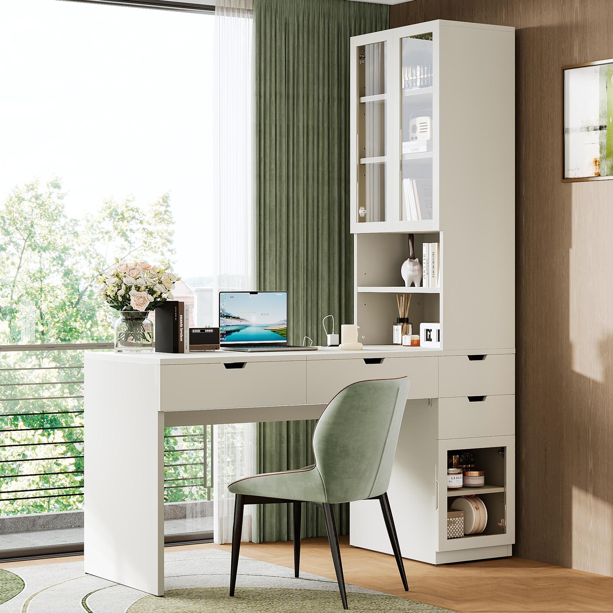 Vanity Desk with Mirror and Charging Station, Makeup Vanity and Computer Desk with Drawers, Cabinets, Doors, and Shelves