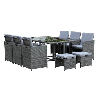 Outsunny 11 Piece Rattan Patio Furniture Set with 6 Rattan Chairs, 1 Outdoor Dining Table, and 4 Outdoor Ottomans
