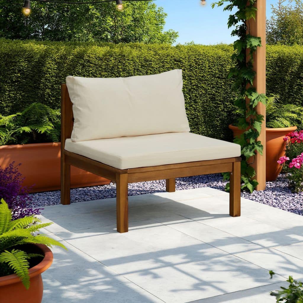 Outdoor Sectional Modular Armless Sofa Seat, Cream, Acacia Wood