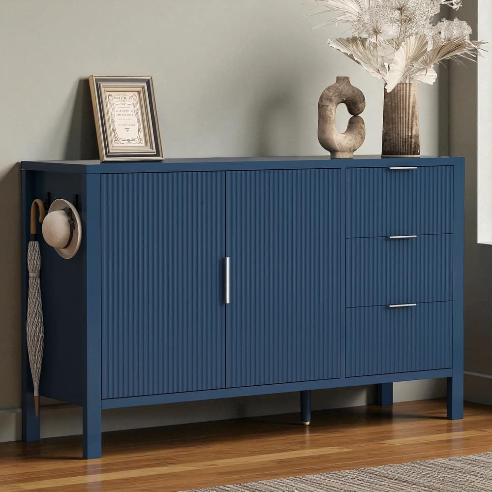 Modern Wave-Pattern Sideboard with 3 Drawers, Buffet Cabinet with Hooks & Center Leg for Living Room or Entryway