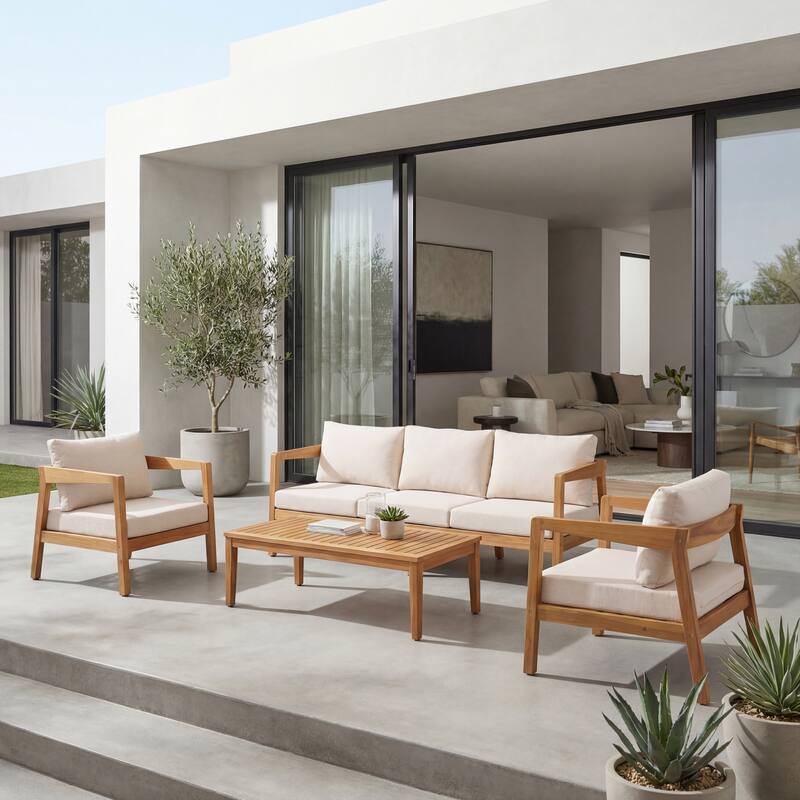 Christopher Knight Home Jovelle Acacia Wood 4-Piece Outdoor Patio Furniture Set with Cushion - Teak + Beige Cushion