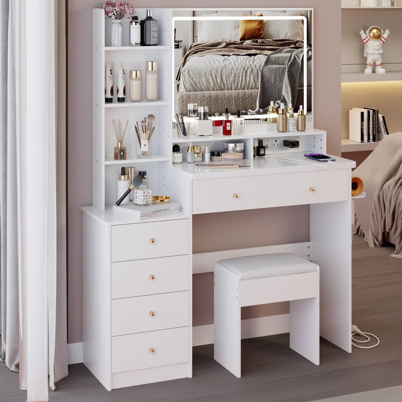Vanity Desk with Touch Control LED Mirror, Makeup Table with Hair Dryer Stand, Vanity Table Set with Cushioned Stool