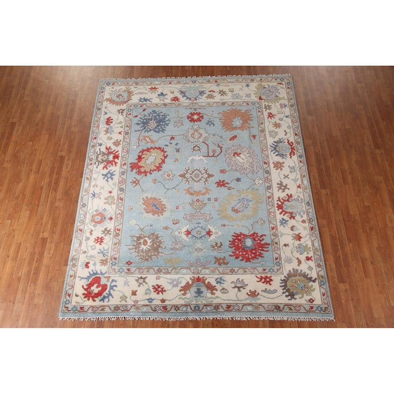 Light Blue Floral Oushak Area Rug Hand-Knotted Wool Carpet - 8'0"x 9'8"