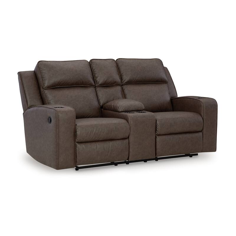 Livie Manual Recliner Loveseat, Console Brown Gray Faux Leather 77in