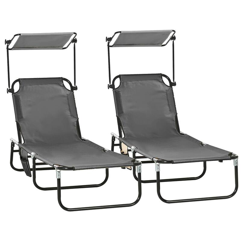 Outsunny Folding Chaise Lounge Pool Chairs, Outdoor Sun Tanning Chairs with Canopy Shade, Reclining Back
