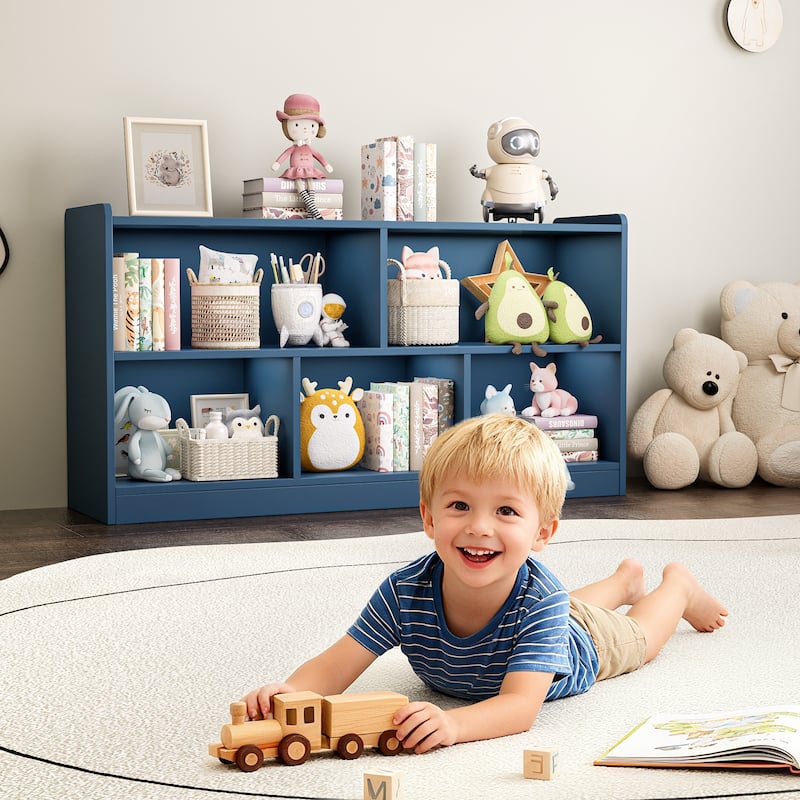 Wooden Storage Cabinet with 5 Sections, Montessori Kids Bookshelf and Toy Organizer for Nursery, Playroom & Classroom