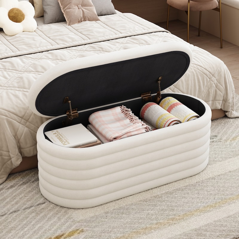 Storage Chenille Ottoman Bench Upholstered Fabric Storage Bench End Of Bed Stool With Safety Hinge