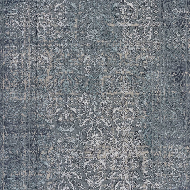 Sevita Carved Transitional Damask Polyester Area Rug, Blue and Silver