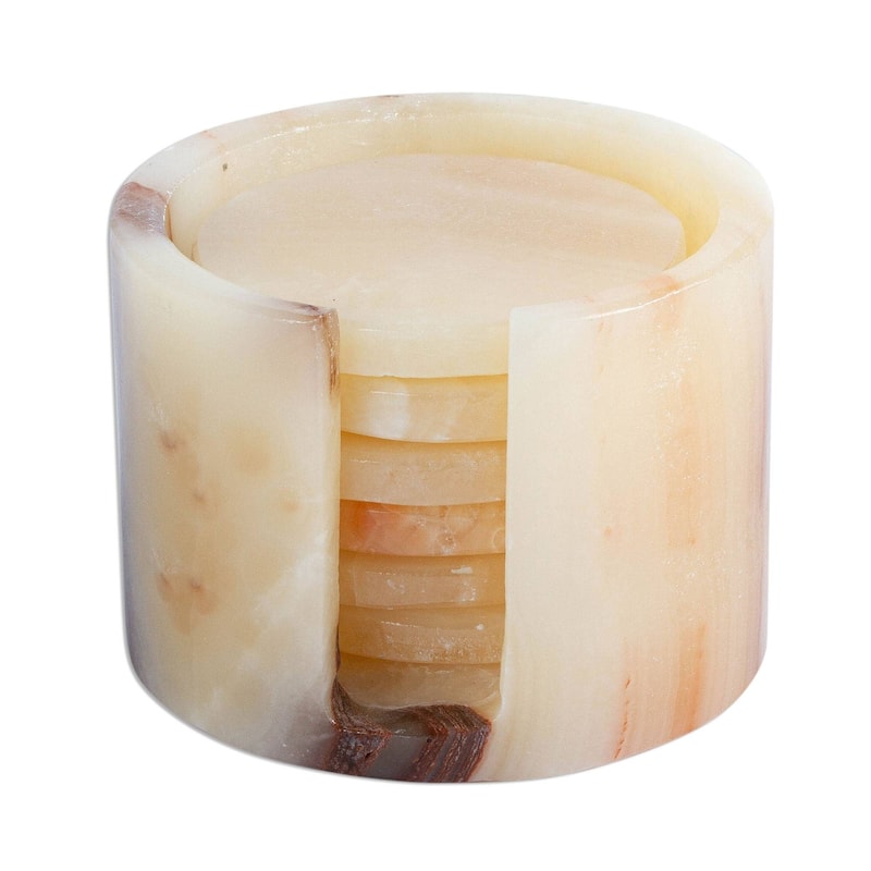 NOVICA Artisan Handblown Onyx Coasters Mexican Ivory Brown Stone Tableware Gemstone Barware 'Elegant Earth'(Set of 6)