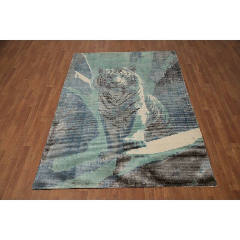 Hand Knotted Oriental Viscose Silk Carpet Modern Animal Pictorial Green Abstract Area Rug - 7' 8'' X 5' 5''