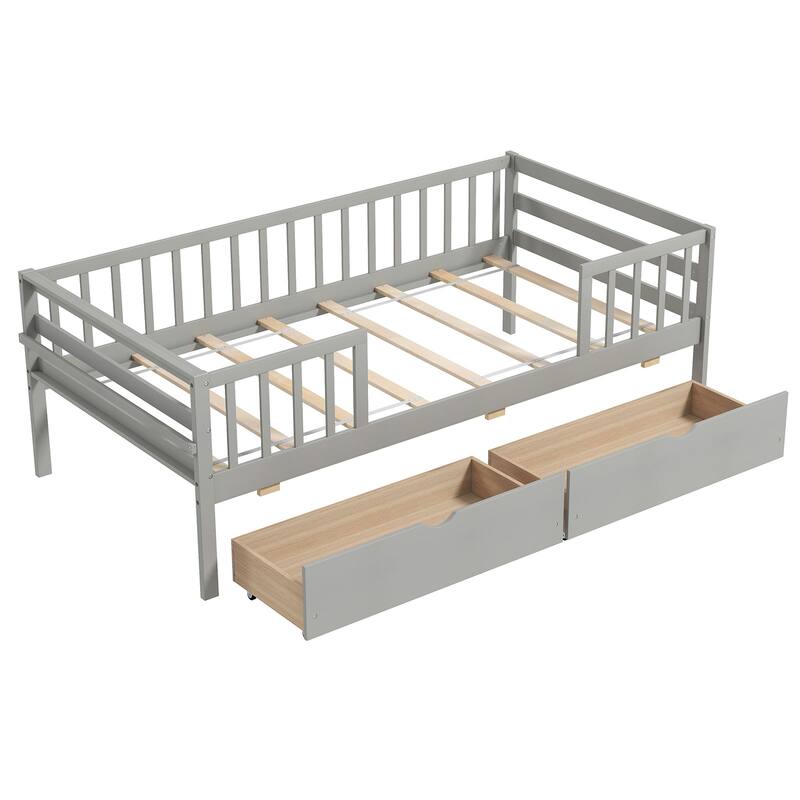 Twin Daybed with Fence and Storage Drawers Kids Bed - Grey