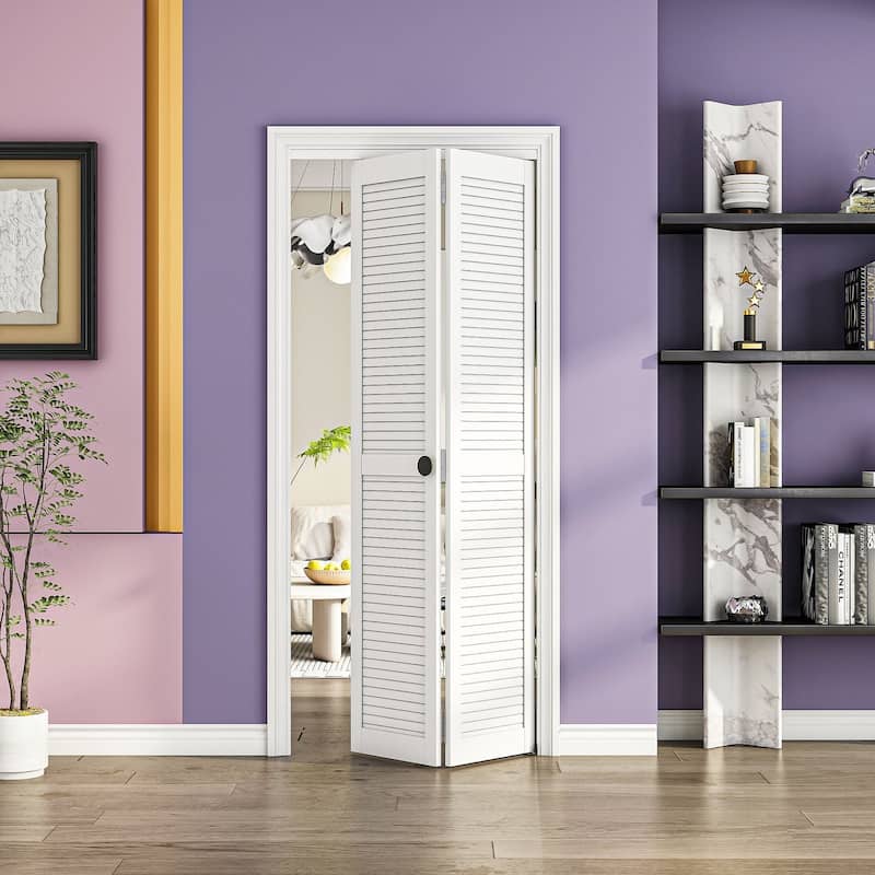 80"H Double Bi Fold Louver Door Solid Manufactured Wood With PVC Surface Closet Door Sliding Barn Door - 28X80