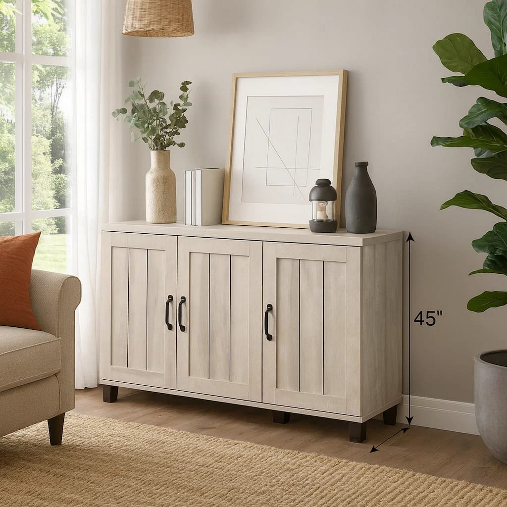 45 Inch 3 Door Sideboard Cabinet, 6 Shelves, 3 Door Handles, Ivory Gray