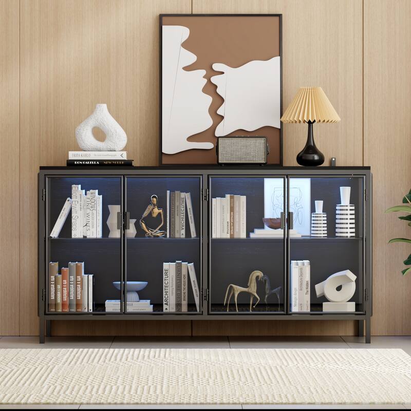 Modern Black Glass Storage and Display Cabinet: Adjustable Lighting, Ample Storage & Stylish Design