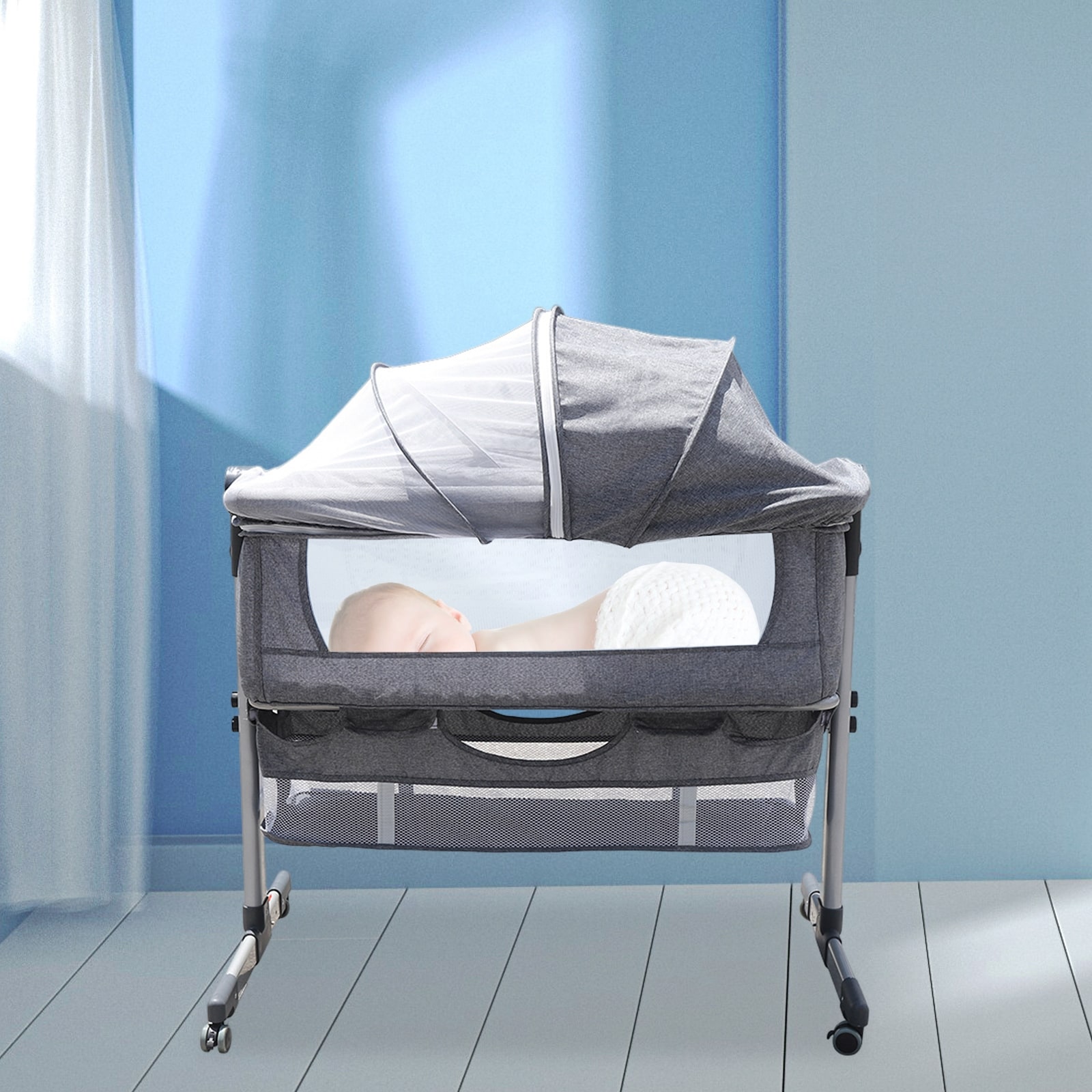 Lofn Baby Bassinet Crib Gray Foldable Portable Infant Bed