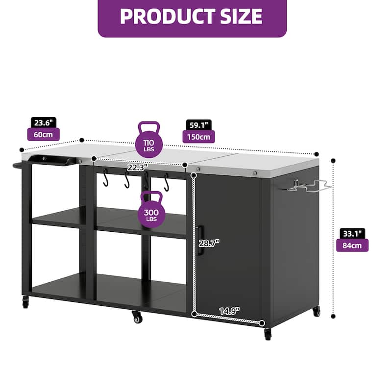Moasis Wheeled Grill Cart Table w/Removable Stainless Steel Top and Trash Bag Holder