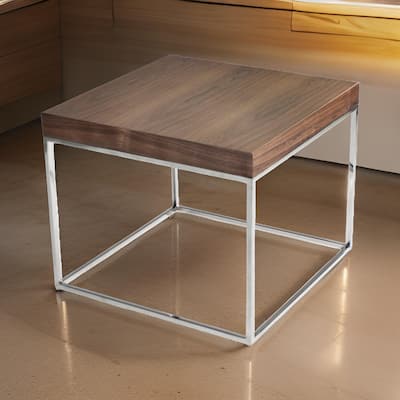 Zen 24 Inch Side End Table, Square, Brown Wood Top, Chrome Steel Frame