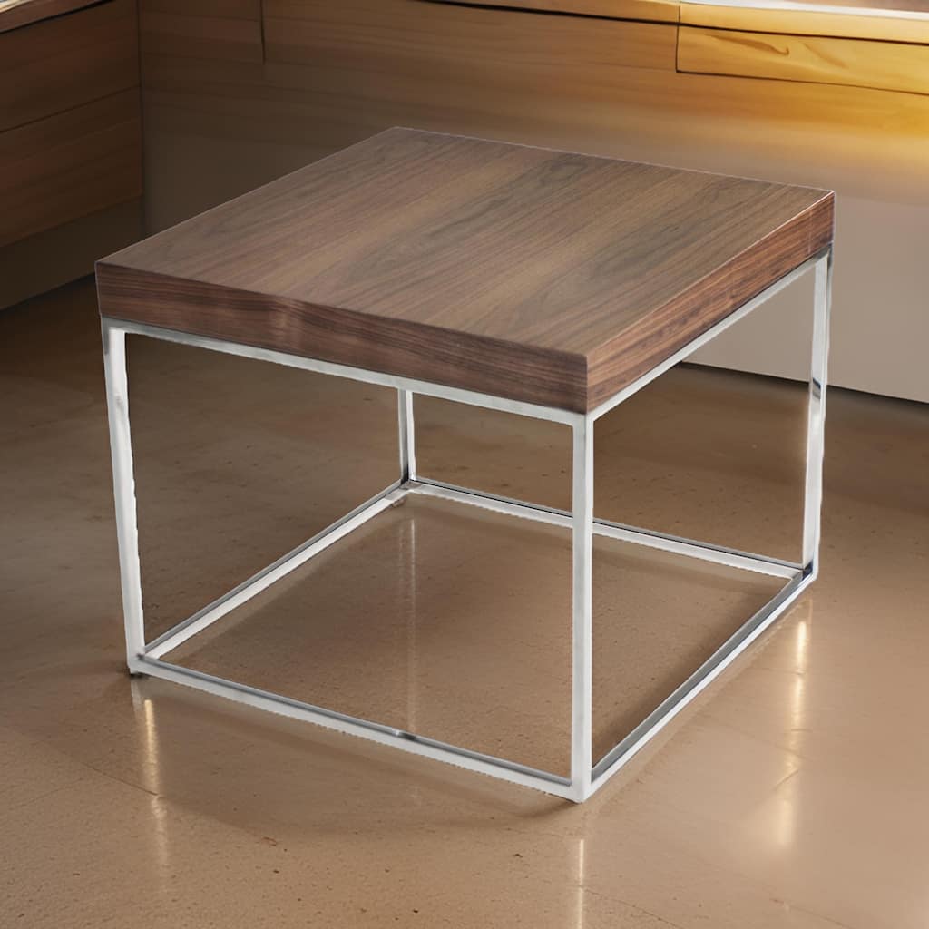 Zen 24 Inch Side End Table, Square, Brown Wood Top, Chrome Steel Frame