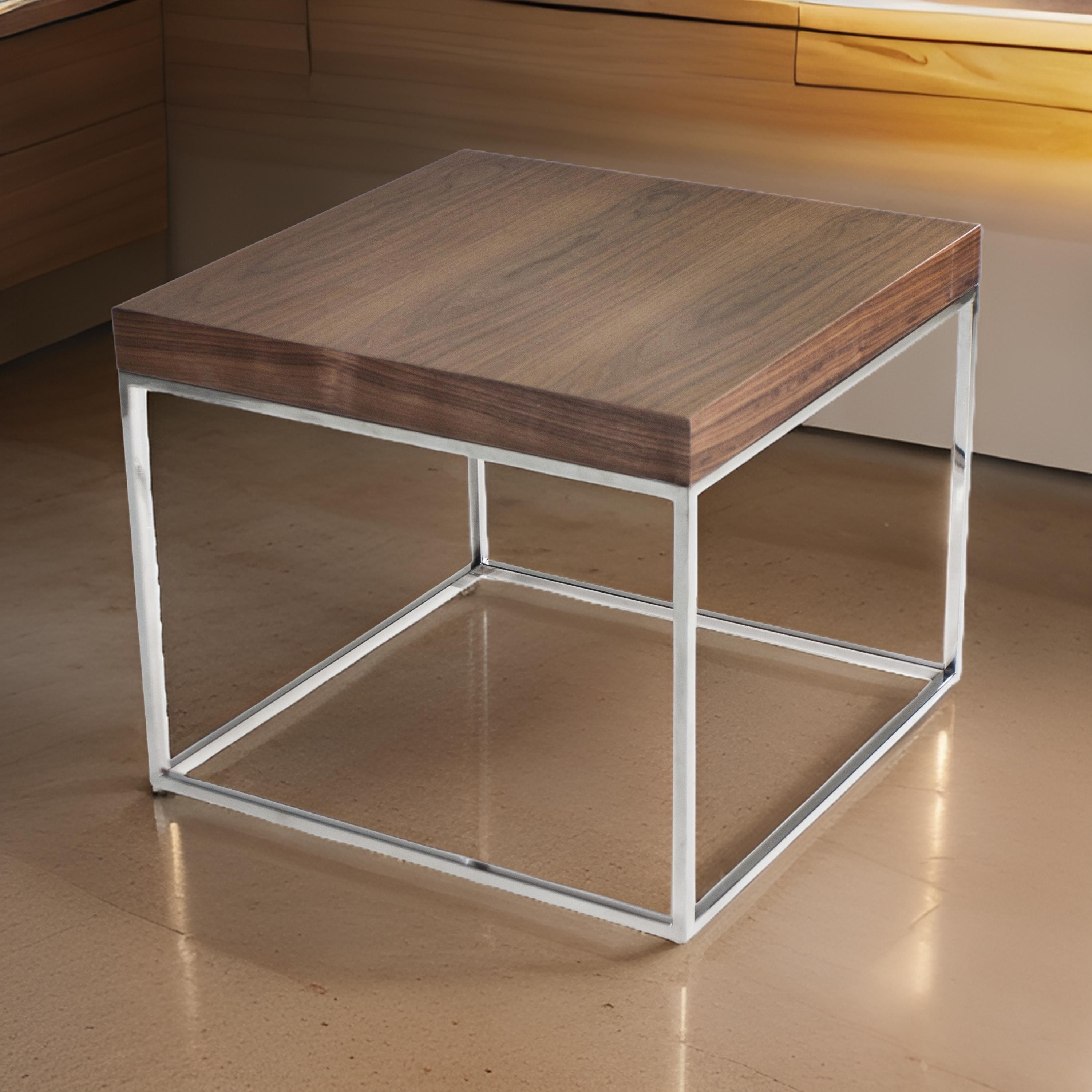 Zen 24 Inch Side End Table, Square, Brown Wood Top, Chrome Steel Frame