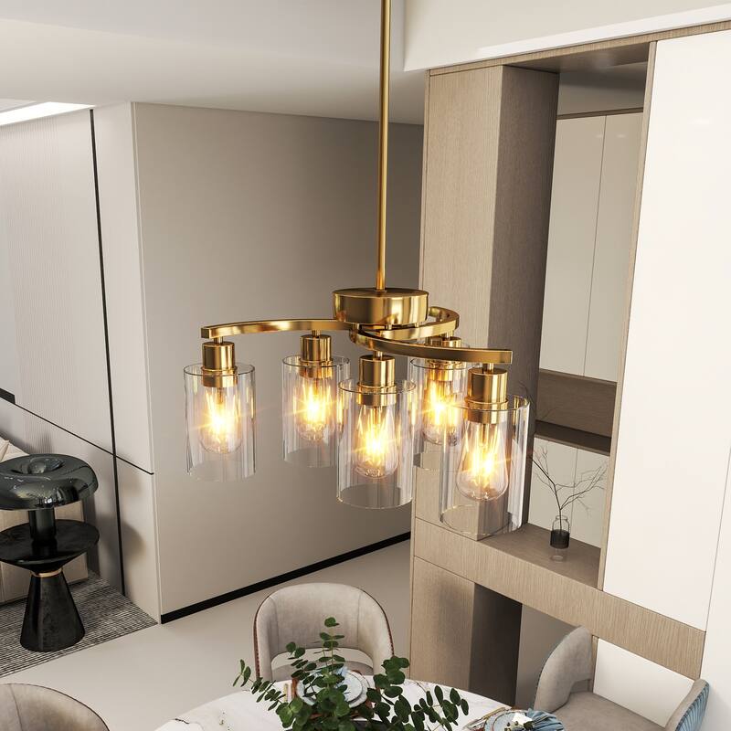 6-Light Gold Chandelier - Dining, Kitchen, Living - Metal, Clear Glass Shade