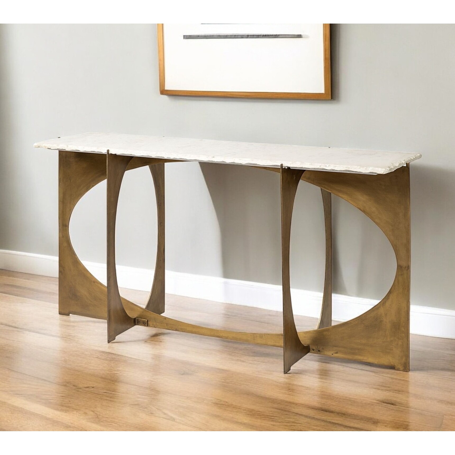 HomeRoots 59" White and Gold Genuine Marble and Metal Geo Base Console Table - 60.00 in. x 31.00 in. x 17.00 in.