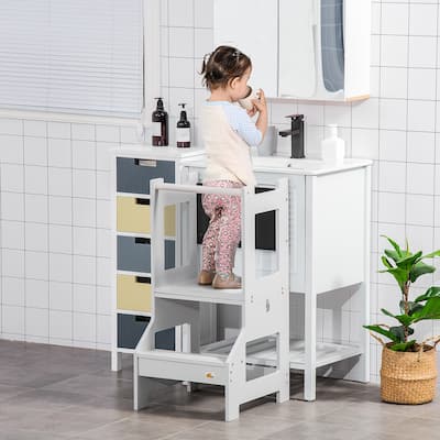 Qaba 2-in-1 Kids Step Stool, Folding Toddler Table and Chair Set with Chalkboard for Kitchen - 16.5" x 17.25" x 33.75"