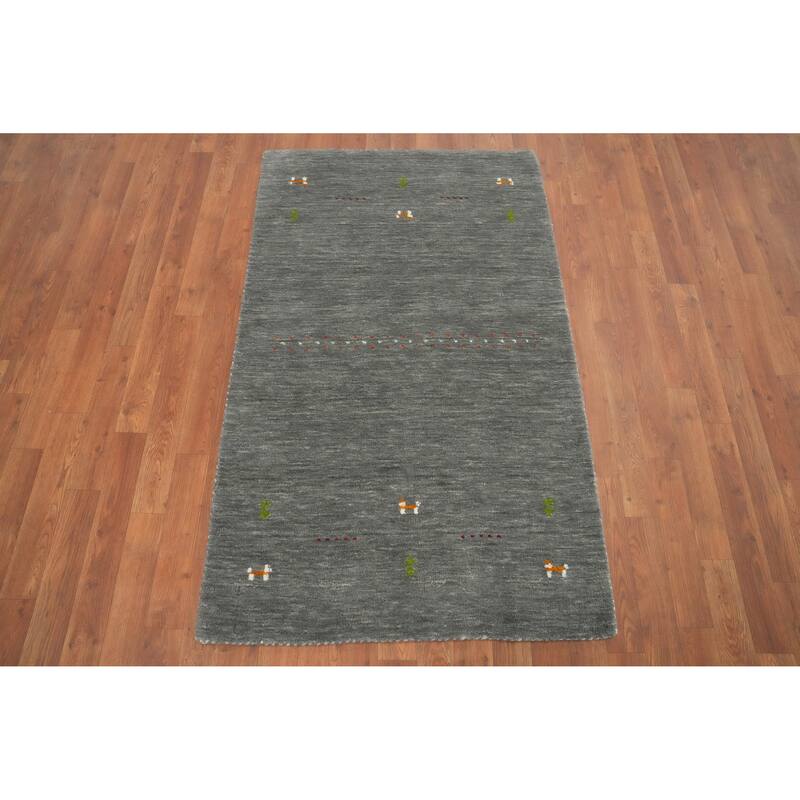 Hand Knotted Oriental 100% Wool Carpet Tribal Animal Pictorial Greys & Charcoal Gabbeh Area Rug - 4' 10'' X 3' 0''