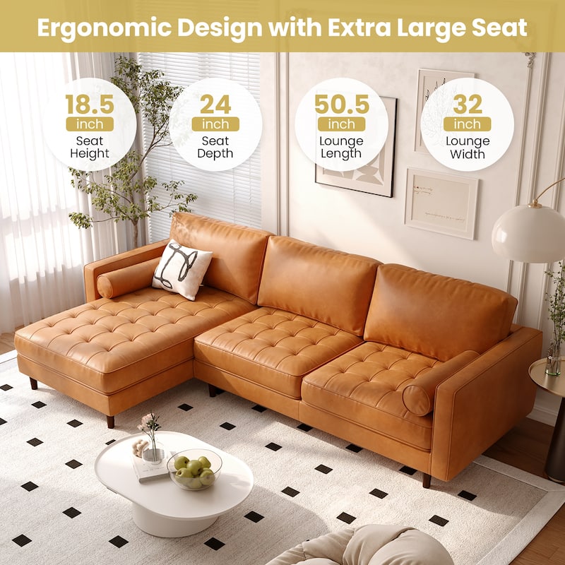Costway 105'' Air Leather L-Shaped Sectional Sofa w/ Chaise Lounge & 2 - 105'' x 64.5'' x 33.5''