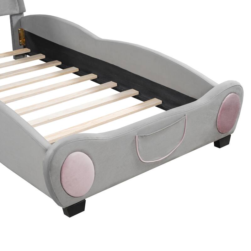 Twin Velvet Upholstered Bed with Bear Headboard and Bed-End Storage Pockets - Perfect for Kids' Rooms