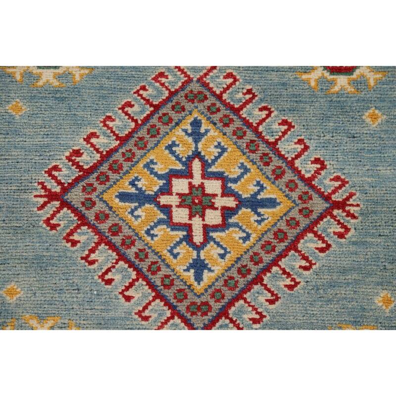 Light Blue Kazak Oriental Runner Rug Hand-Knotted Wool Carpet - 2'11" x 13'9"