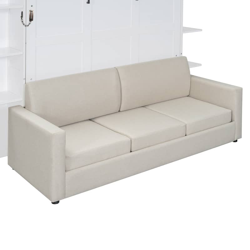 Space-Saving Queen Size Murphy Wall Bed with Sofa and Storage Shelves, LED Lights, and Foldable Cushions