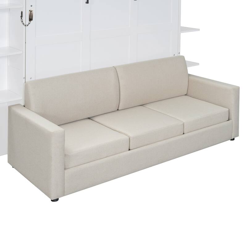 White Queen Size Wall Bed with Sofa, Space-Saving Foldable Design