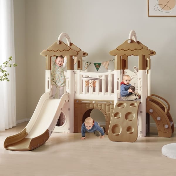 slide 2 of 12, 8-1 Toddler Climber and Slide Set,Kids Slide for Toddlers Age 1+, Kids Playground Climber Freestanding Slide Playset - Brown Brown